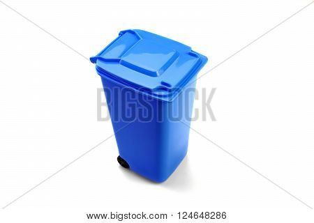 Blue Plastic Waste Container Or Wheelie Bin, Isolated On White
