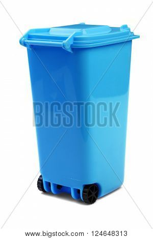Blue Plastic Waste Container Or Wheelie Bin, Isolated On White
