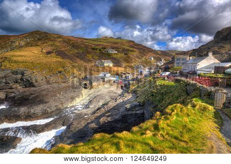 Trebarwith Strand Cornwall England UK coastal village between Tintagel and Port Isaac in colourful HDR