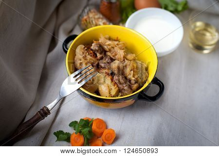 hot tasty meat in potato pancake with sourcream