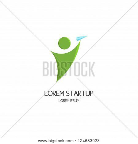 Logo of startup with person launch paper plane. Vector motivated person reaches to plane. Vector template.