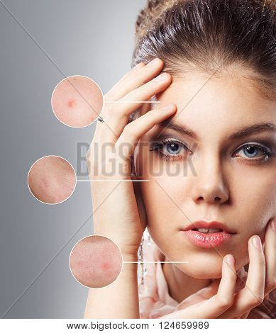 Portrait of young woman with magnifier circles on the gray background