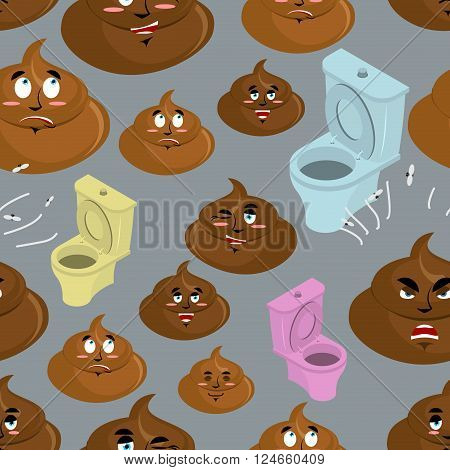 Shit And Toilet Seamless Pattern. Turd With Emotions On Face Ornament. Funny Texture Dressing