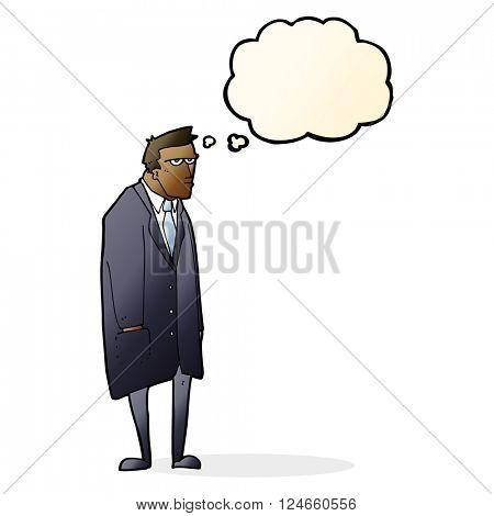 cartoon bad tempered man with thought bubble