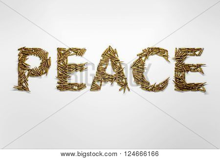 Concept of peace. Word Peace typed with font made of bullets on white background.