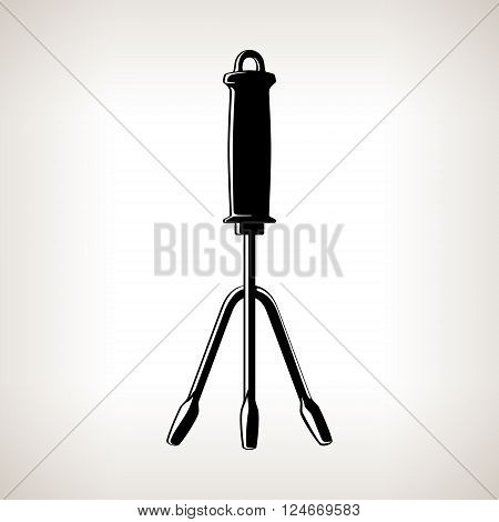 Hand Rake, Silhouette Hand Garden Fork on a Light  Background, Garden Equipment, Agricultural Tool , Black and White Vector Illustration