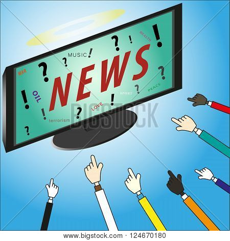 Concept News our god on lcd tv with pointing hands