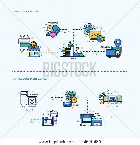 Business, office equipment icons concepts compositions set. Vector modern line flat design infographics and webdesign elements. Shop, customer, office, delivery, safe, phone, plotter