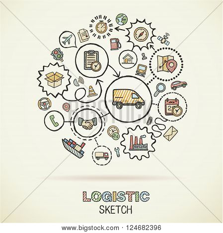 Logistic hand drawing hatch icons. Vector doodle integration pictogram set. Sketch sign connection illustration on paper