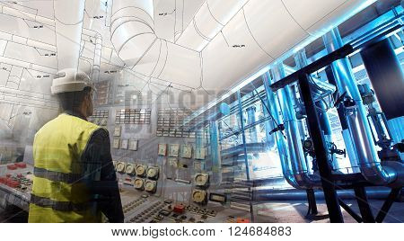 Engineering Man Working On Power Plant As Operator Against Drawing Combined With Picture