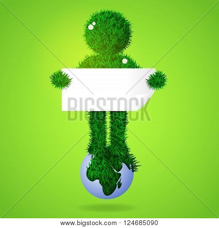Illustration of green grass man standing on earth and holding empty bland board.