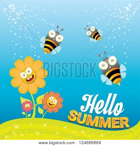 vector cartoon summer landscape with green grass, flowers and flying insects. Honey bees collect pollen and nectar
