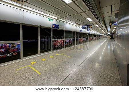 Bangkok Thailand - March 21 2016: Night on an empty metro (MRT) station in Bangkok Thailand. The MRT serves more than 240000 passengers each day.