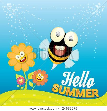 vector cartoon summer landscape with green grass, flowers and flying insects. Honey bees collect pollen and nectar