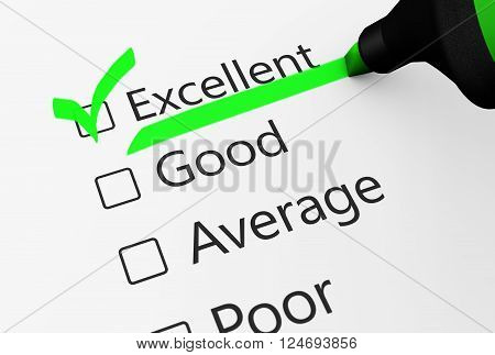 Product quality control business survey and customer service checklist with excellent word checked with a green check mark 3D illustration.