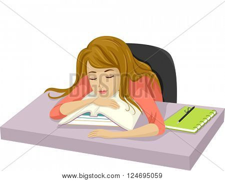 Illustration of a Teenage Girl Who Have Fallen Asleep After Studying