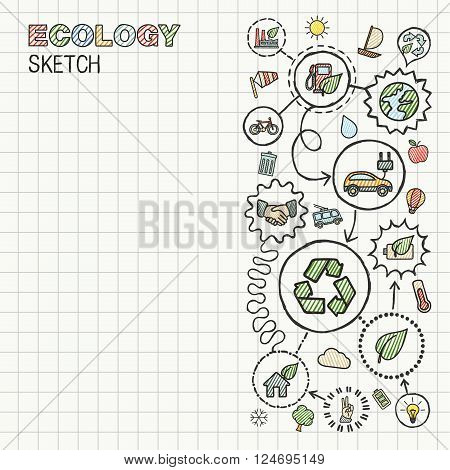 Ecology hand draw integrated icons set on squared paper. Color vector sketch infographic illustration. Connected doodle pictograms, eco friendly, bio, energy, recycle, car, planet, green concepts