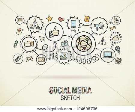 Social media hand draw integrate icons set on paper. Colorful vector sketch infographic illustration. Connected doodle pictogram, internet, digital, marketing, network, global interactive concept