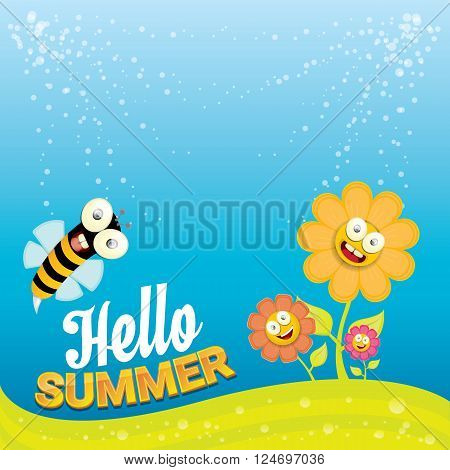 vector cartoon summer landscape with green grass, flowers and flying insects. Honey bees collect pollen and nectar