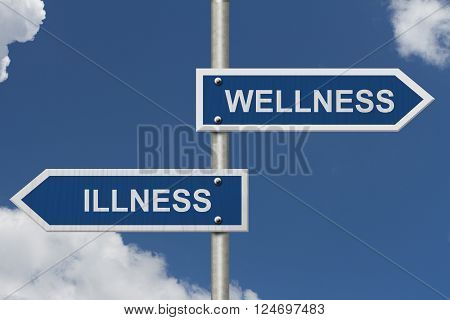 Being Well versus having an Illness Two Blue Road Sign with text Illness and Wellness with sky background