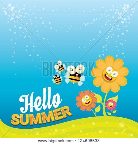 vector cartoon summer landscape with green grass, flowers and flying insects. Honey bees collect pollen and nectar