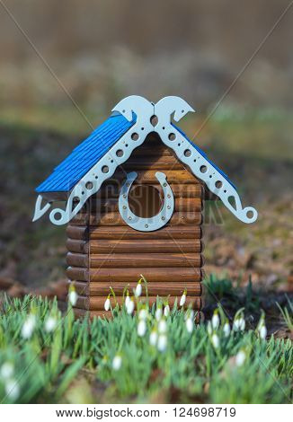 Nesting box. Carved wooden nest box handmade. Wooden house for birds