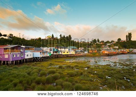 Traditional stilts houses known as palafitos in Castro Chiloe island Chile