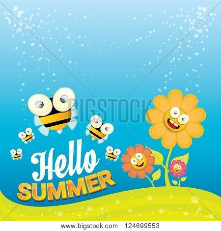 vector cartoon summer landscape with green grass, flowers and flying insects. Honey bees collect pollen and nectar