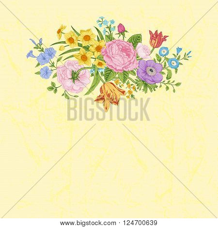 Vintage floral vector card with spring summer Victorian bouquet of flowers. Colorful roses anemones tulips forget-me petunias on a yellow background.