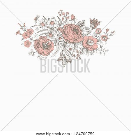 Vintage floral vector card with spring summer Victorian bouquet of flowers. Coral roses anemones tulips forget-me petunias on a gray background.