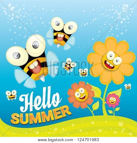 vector cartoon summer landscape with green grass, flowers and flying insects. Honey bees collect pollen and nectar