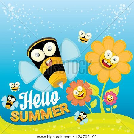 vector cartoon summer landscape with green grass, flowers and flying insects. Honey bees collect pollen and nectar