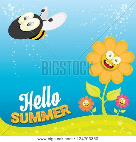 vector cartoon summer landscape with green grass, flowers and flying insects. Honey bees collect pollen and nectar