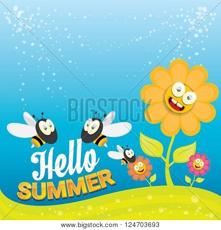 vector cartoon summer landscape with green grass, flowers and flying insects. Honey bees collect pollen and nectar