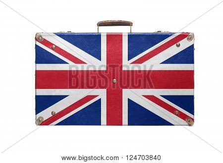Vintage travel bag with flag of United Kingdom isolated on white background.