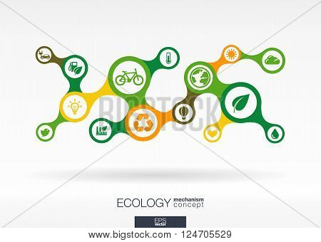Ecology. Growth abstract background with connected metaball and integrated icons for eco friendly, energy, environment, green, recycle, bio and global concepts. Vector interactive illustration.