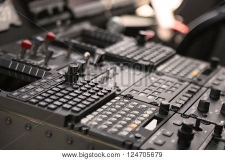 The pilots' control panel inside a passenger airplane, Control panel of airplane.
