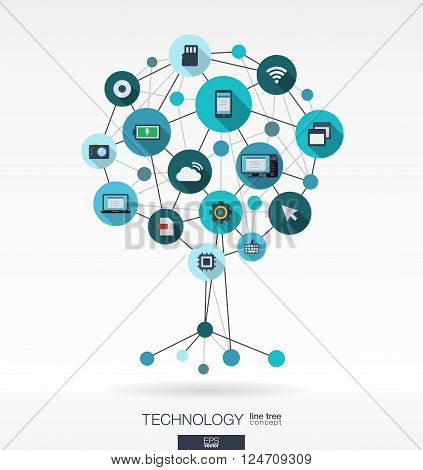Abstract technology background with lines, connected circles, integrated flat icons. Growth tree concept with technology, cloud computing and router icons. Vector interactive illustration.
