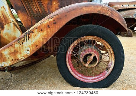 SOLITAIRE NAMIBIA - JAN 30 2016: Detail of abandoned old Morris Eight car at the service station at Solitaire in the Namib Desert Namibia. Popular touristic destination