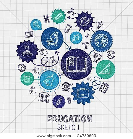 Education hand drawing connected icons. Vector doodle interactive pictogram set. sketch concept illustration on paper. For elearning, knowledge, learn, analytics, network, science, social media.
