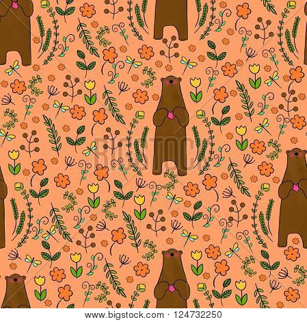 Seamless  forest pattern with cute woodland animals, and flowers.