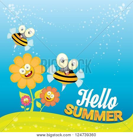 vector cartoon summer landscape with green grass, flowers and flying insects. Honey bees collect pollen and nectar