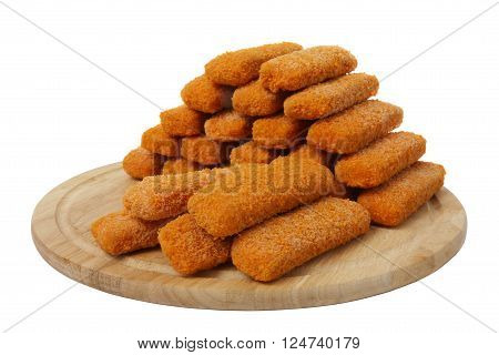 Fish sticks on wooden board, isolated on white background
