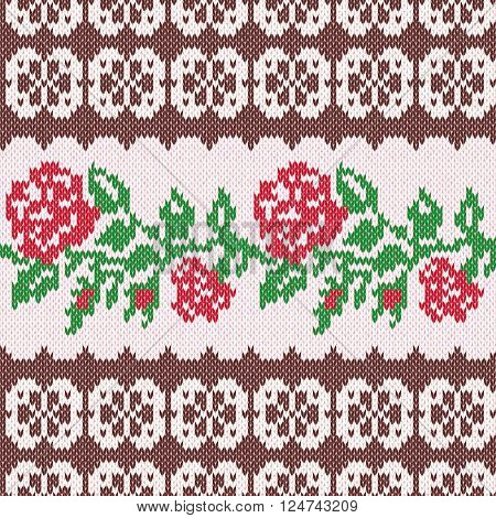 Knitted Ornamental Seamless Vector Pattern as a fabric texture with stylish Red Roses and green leaves