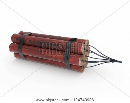 Aged dynamite sticks wrapped together with fuse isolated on white background.