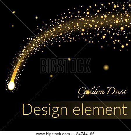 Golden sparkling falling star. Gold dust trail. Cosmic glittering wave in black background. Abstract design template. Lights glitter sparkles. Fashion stylish retro style. Stock Vector illustration