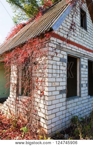 An old abandoned brick house with a broken window, closeup. As background for design of crisis.
