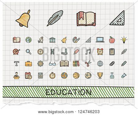 Education hand drawing line icons. Vector doodle pictogram set. color pen sketch sign illustration on paper with hatch symbols, school, elearning, knowledge, learn, subjects, teaching, college.