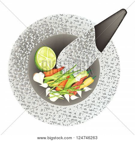 Cuisine and Food, Chili, Garlic and Lime in Black Granite Stone Mortar Isolated on White Background.