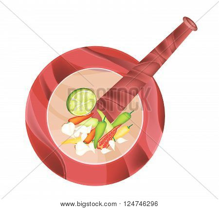 Cuisine and Food Chili Garlic and Lime in Wooden Stone Mortar Isolated on White Background.